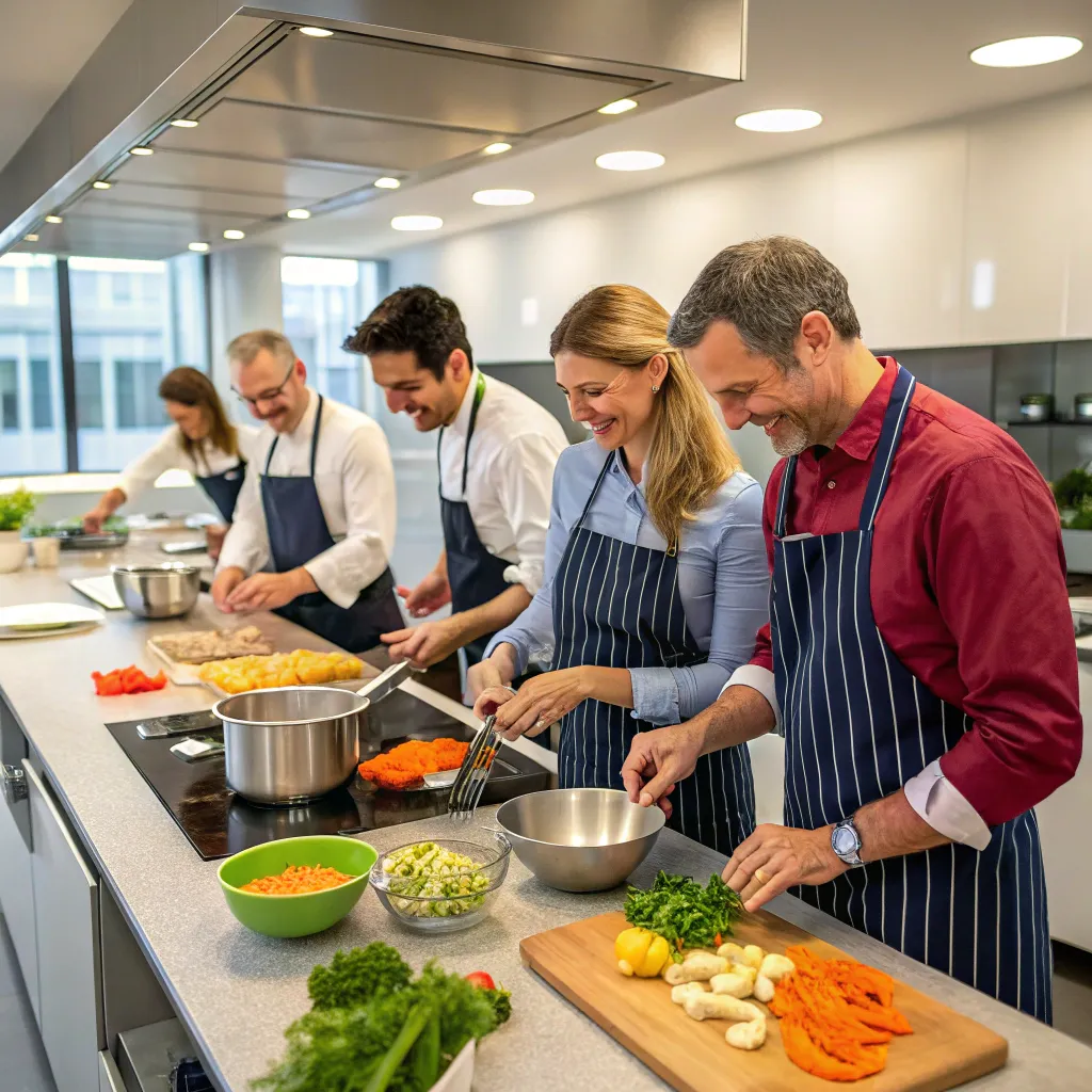 Corporate team cooking together